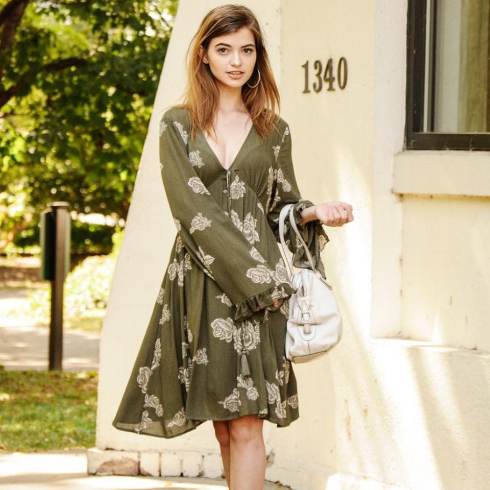 Olive Long Sleeve Floral Dress